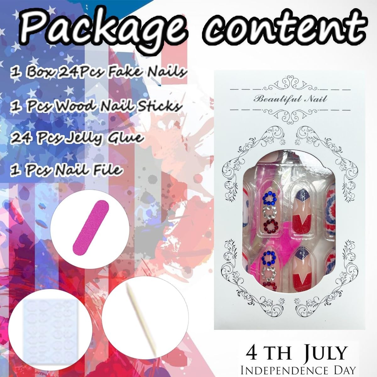 Unique 4th of July Acrylic Nails Full Cover with Star and Fireworks Design