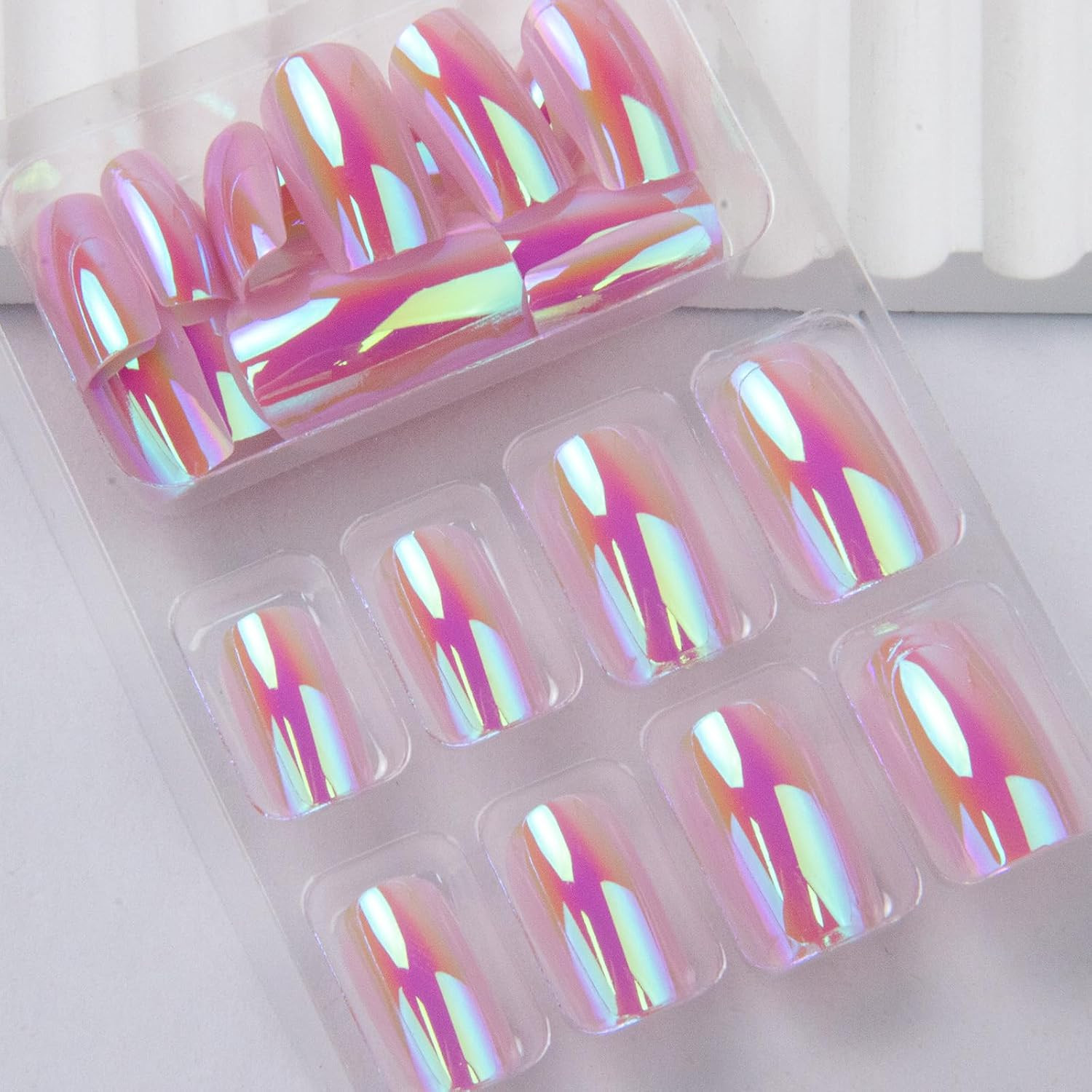 Chrome Press on Nails Medium Square Fake Nails Press Ons with Glossy Holographic