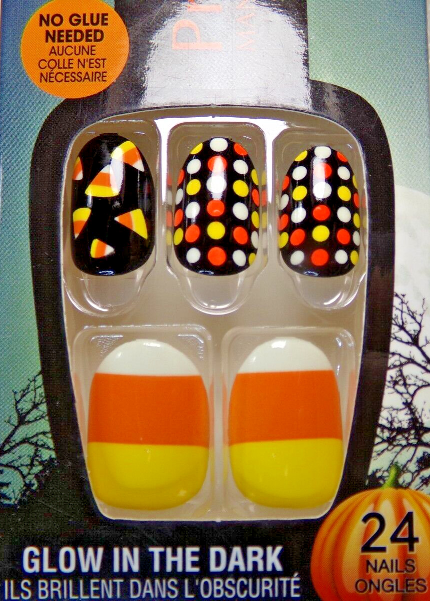Broadway NAILS PRESS ON Short – Black Halloween Candy Corn Glow in Dark