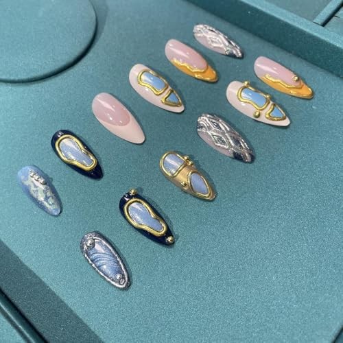 Almond Press On Nails Gold 3d Gold Glitter Ombre Design ​Date Night Nails Blue1