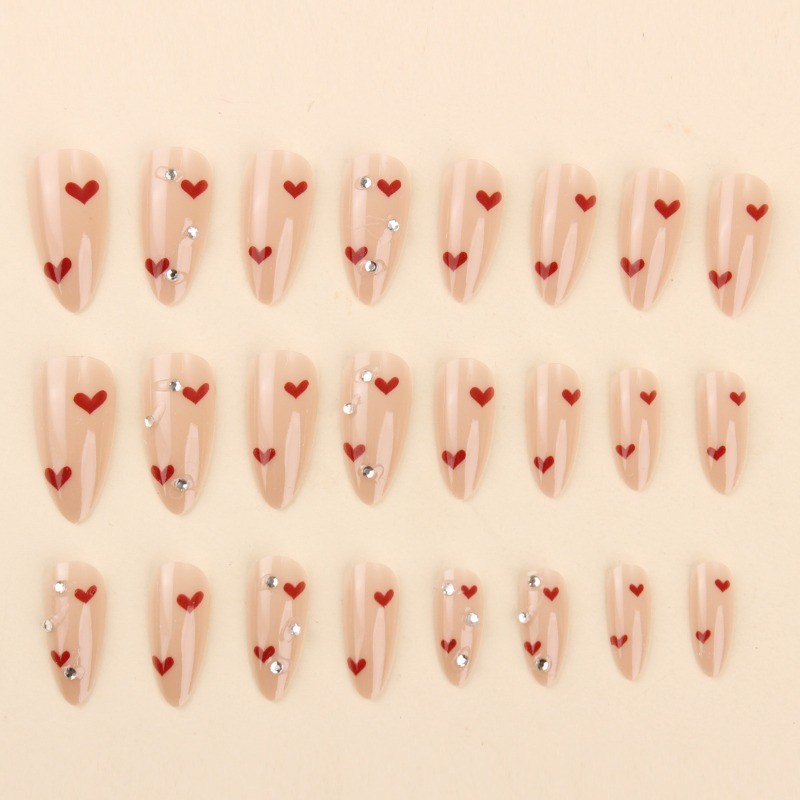 48Pcs-Sweet Oval False Nails Nude Red Heart Clear Rhinestone Press on Nails