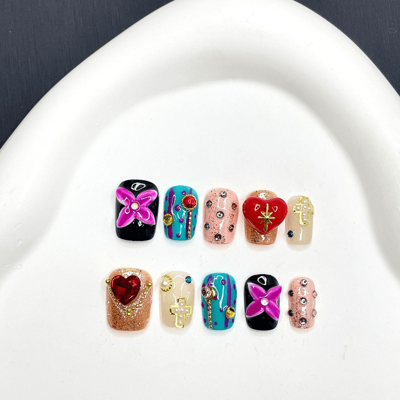 10pcs Short Square Press on Nails, Multicolor 3D Heart Cross Print Trendy Nails