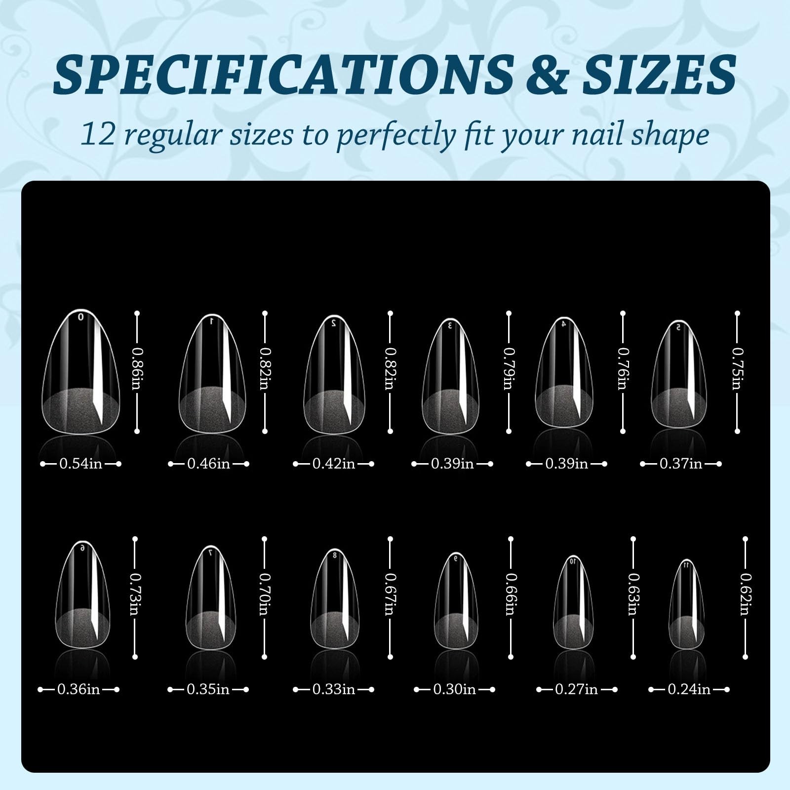 288PC Short Almond Nail Tips Clear Gel Acrylic FullCover Press-On Nails 12 Sizes