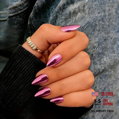 Short Almond Nails – Metallic Baby Pink – Glue – Chrome Press On