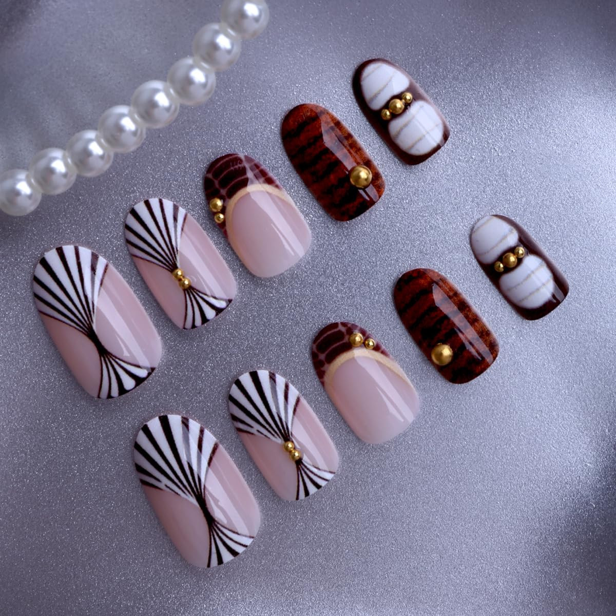 Long Almond Press on Nails Nude Brown Ormbed Fake Nails with Gold Accents Stick