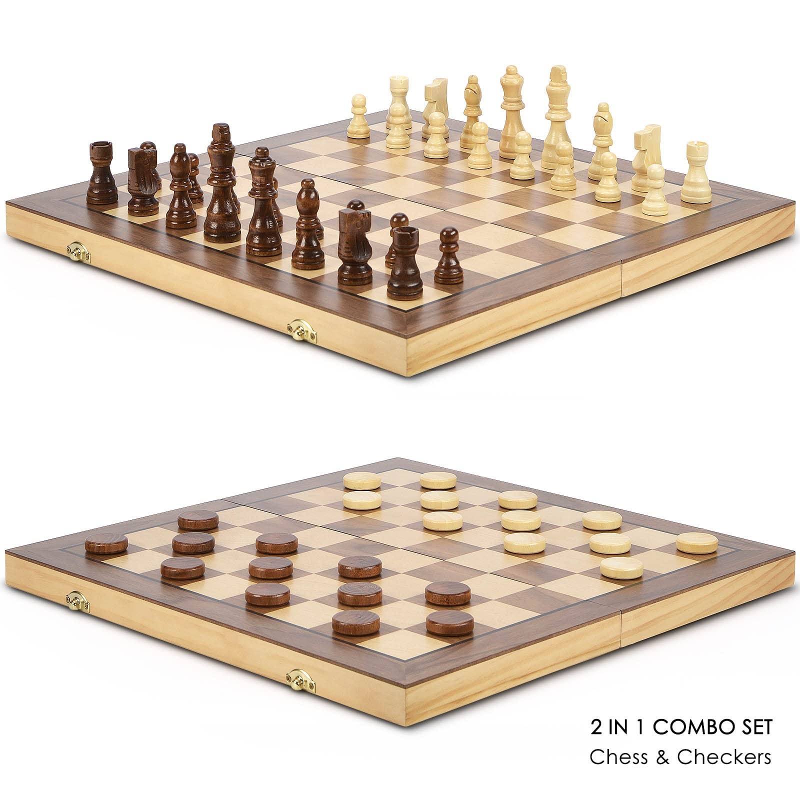 AMEROUS 15” Magnetic Wooden Chess & Checkers Game Set -2 Extra Queens Brown