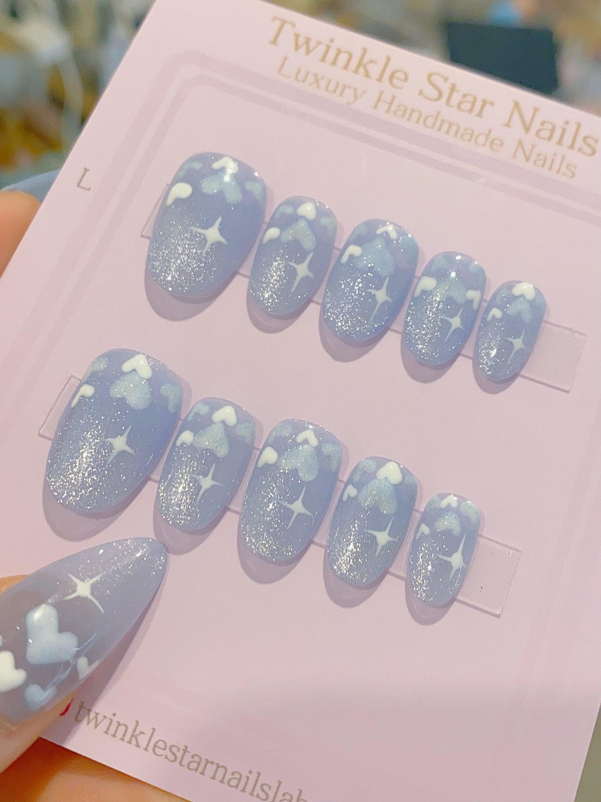 Handmade Light Blue Cloud Star Glitter Medium Oval Press on Nails Summer Daily