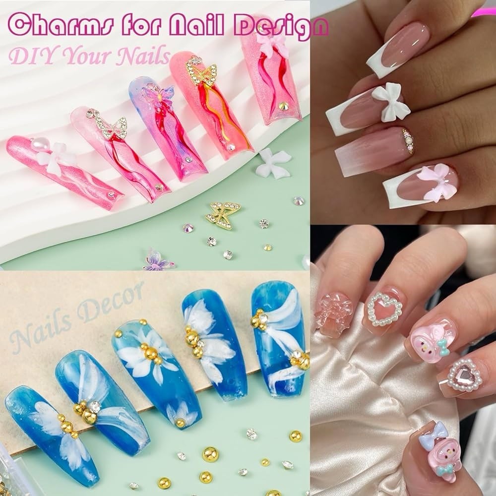 10000pcs Nail Charms And Gems, Pink Cute Bow Heart 3D Flower Charms