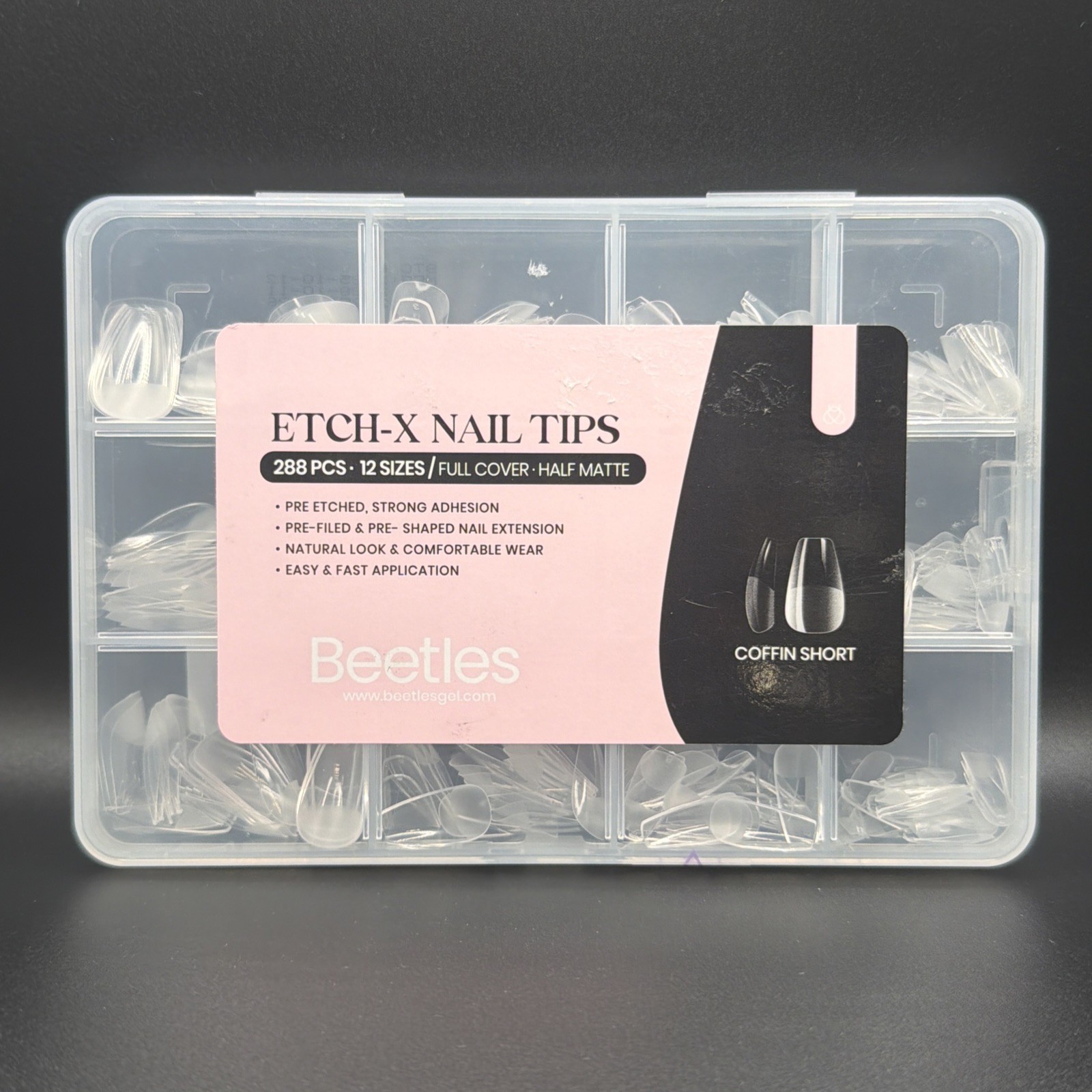 ETCH-X NAIL TIPS 288pcs 12 Sizes, Full Cover -half Matte Coffin Short B