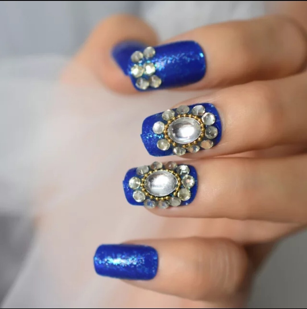 24 Blue Bling Press on nails kit Gems rhinestones square shimmer glue on