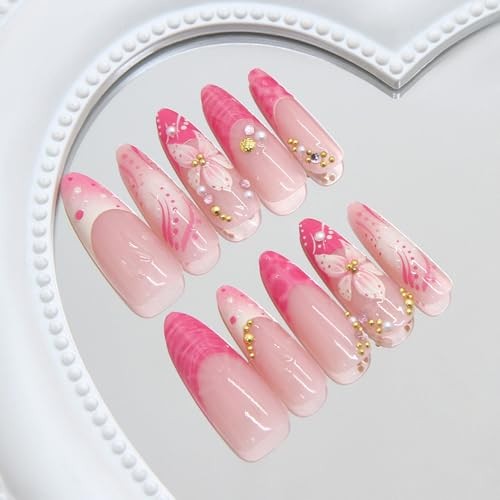 30Pcs Flower Press on Nails Long Almond French Tip Fake Flower French Nails 12