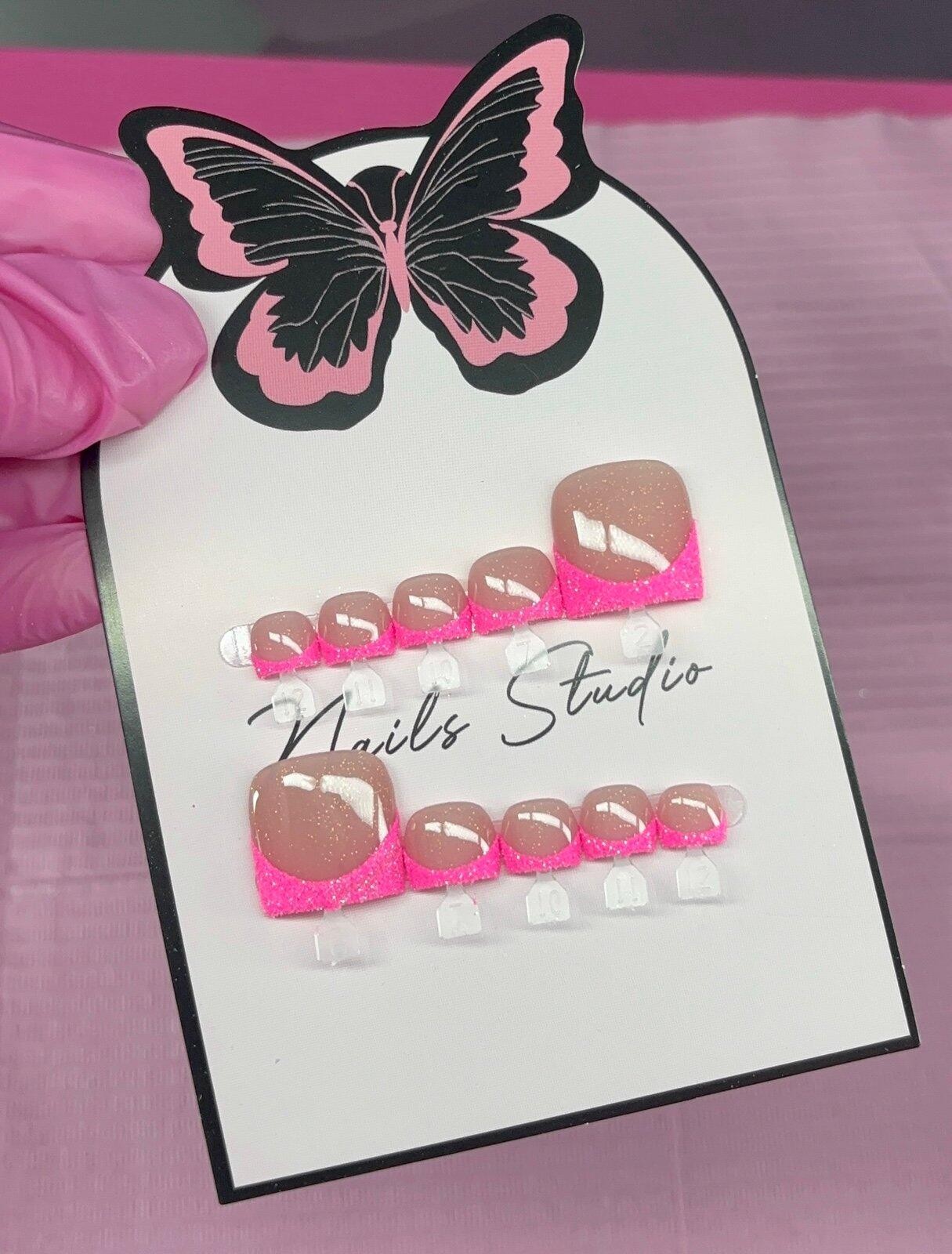 Press on toenails pink glitter French tips handmade custom builder gel nude