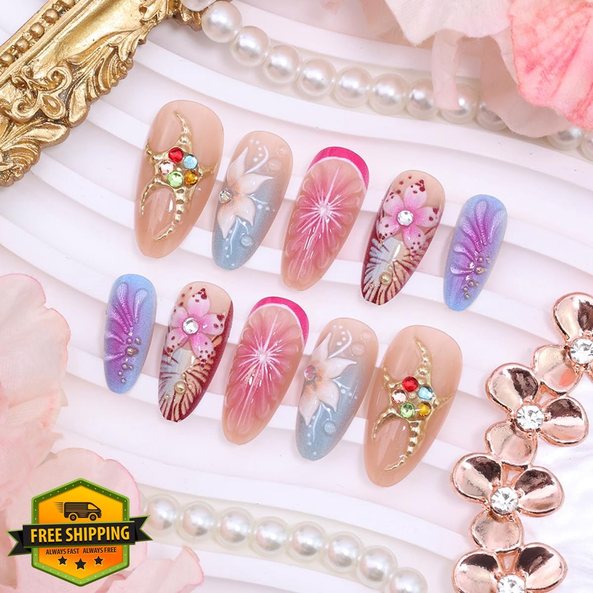 OSTTMA Tropical Floral Almond Press on Nails