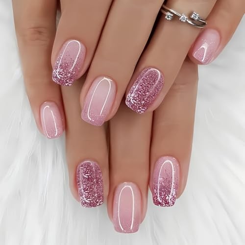 Medium Press on Nails Square Fake Nails Pink Gradient Acrylic Full Cover Style4
