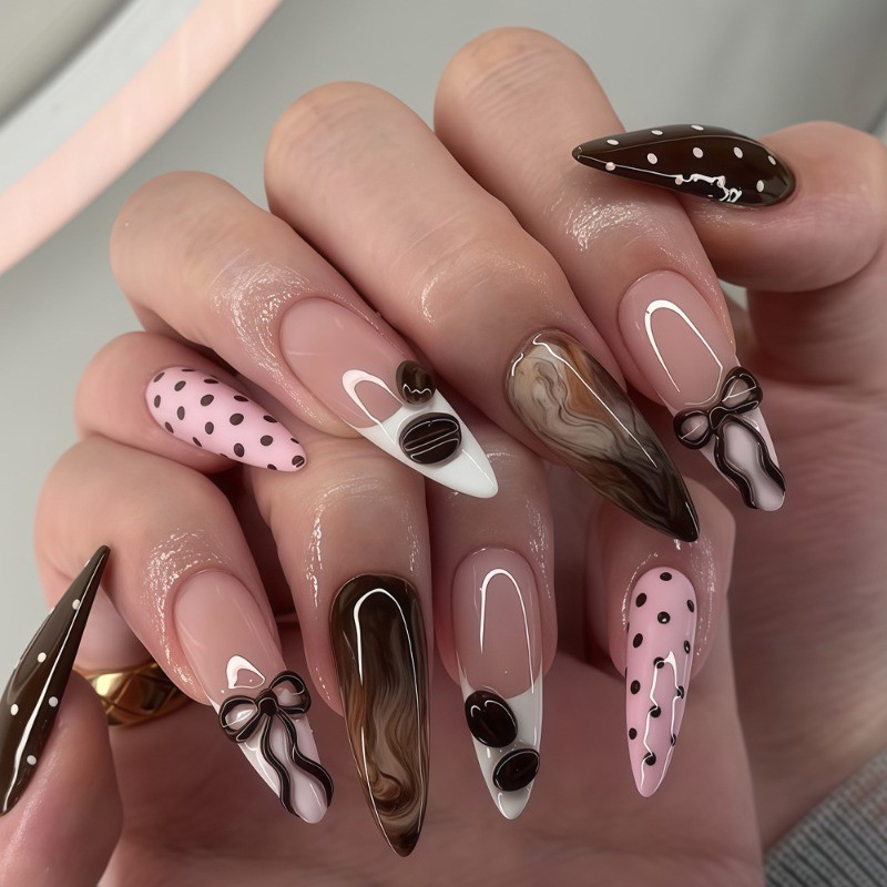 48pcs-Cute Press on Nails with Pink Brown Polka Dots, Bows and Marble, Glossy