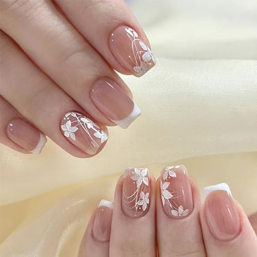 French Tip Fake Nails Square Short Press on Nails with Designs 0F-White Flower
