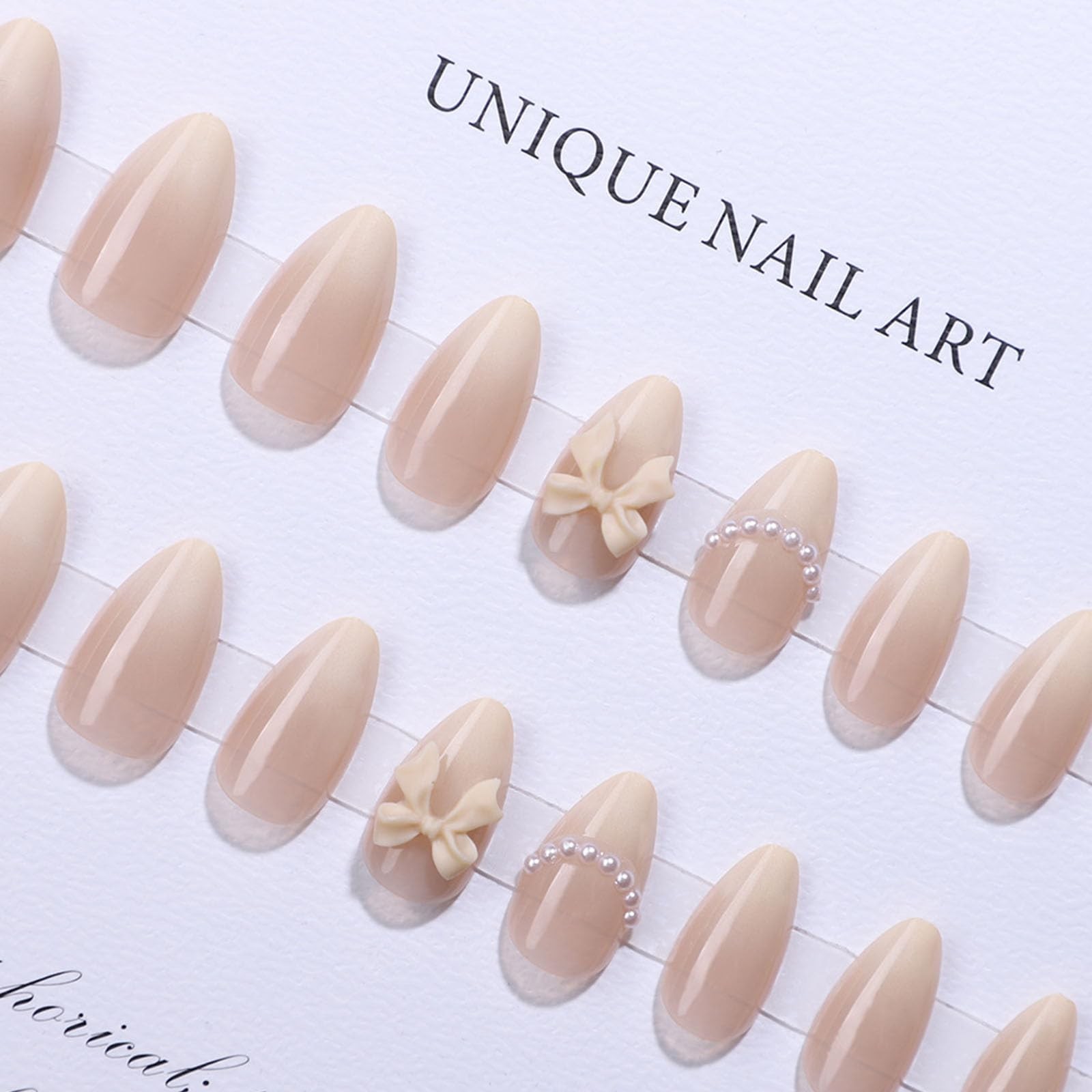 Ombre Almond Press on Nails Short Fake Nails wiht Bow Pearls Charm Designs Nu…