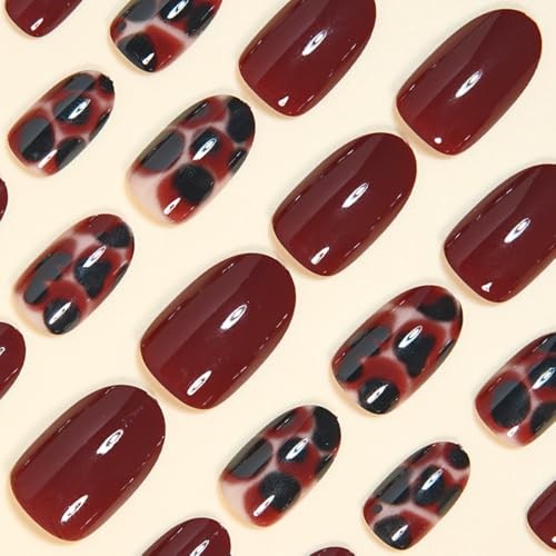 Brown Press On Nails Medium Almond Shape Leopard Fake Nails with style20