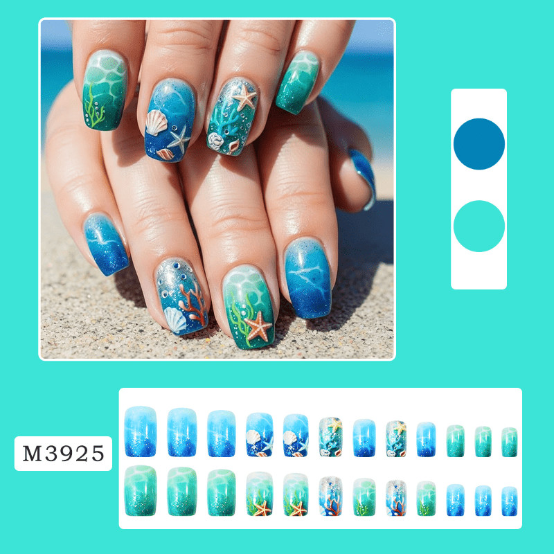 48Pcs Short Square Nails, Gradient Tone, 3D Shell Starfish, Beach Style