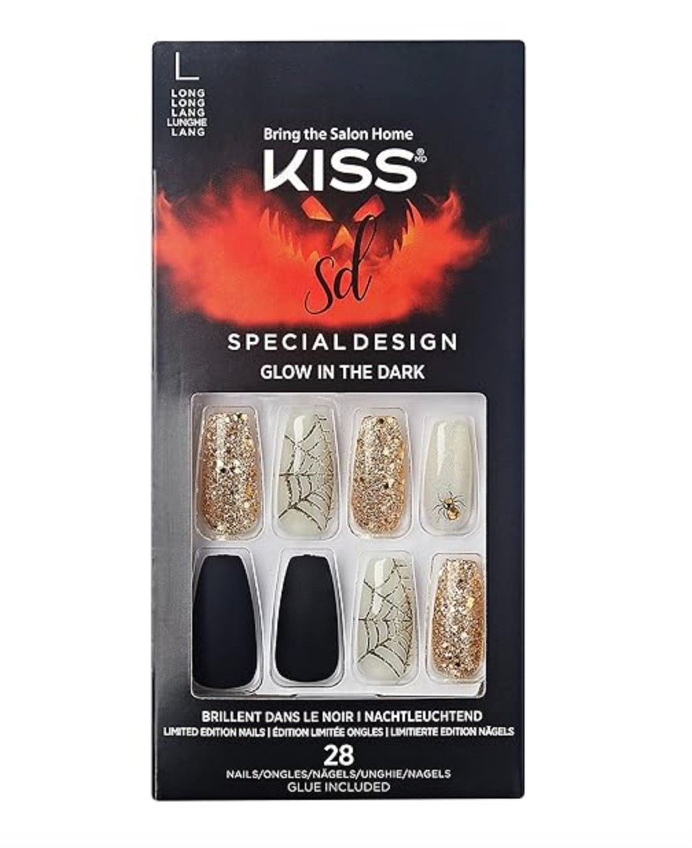 NEW Kiss Nails Halloween Long Coffin Black Spider Web Glow in Dark Glue Press on