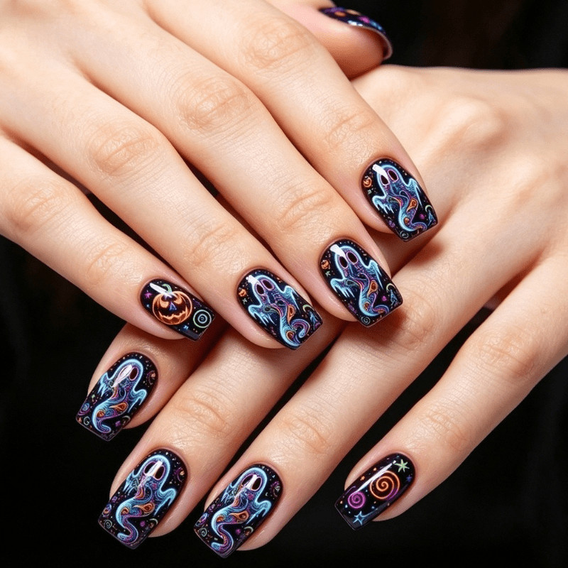 48 Pcs Neon Ghost Pumpkin Coffin Press on Nails, Trendy Halloween Fake Nails