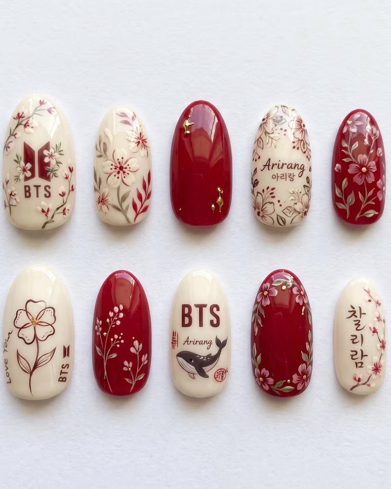 Red & White Floral 3D Oval Press-On Nails Set, Pre-Designed Full Cover
