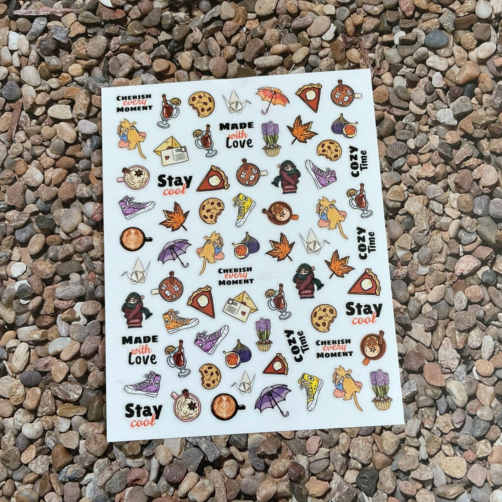 Stay Cool Cozy Time Nail Sticker Flower Leaf Shoes Food Wine Pie Paper Crane