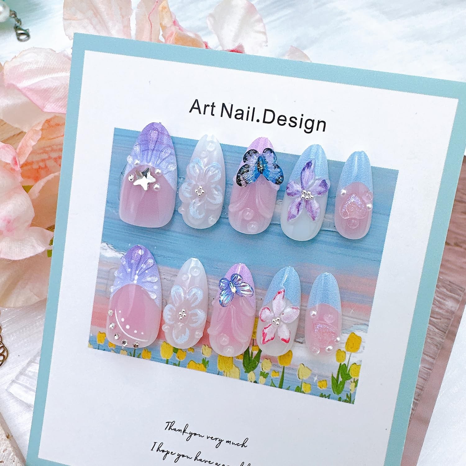 30Pcs Spring Butterfly Press on Nails Medium Almond Purple French Tip Fake Na…