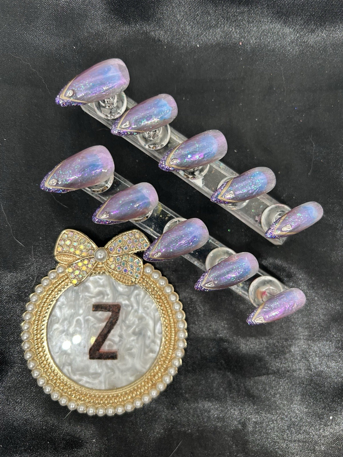 Z NAILZ! Handmade M Stiletto Jelly Purple Ombre’ With Stones/glitter Press Ons