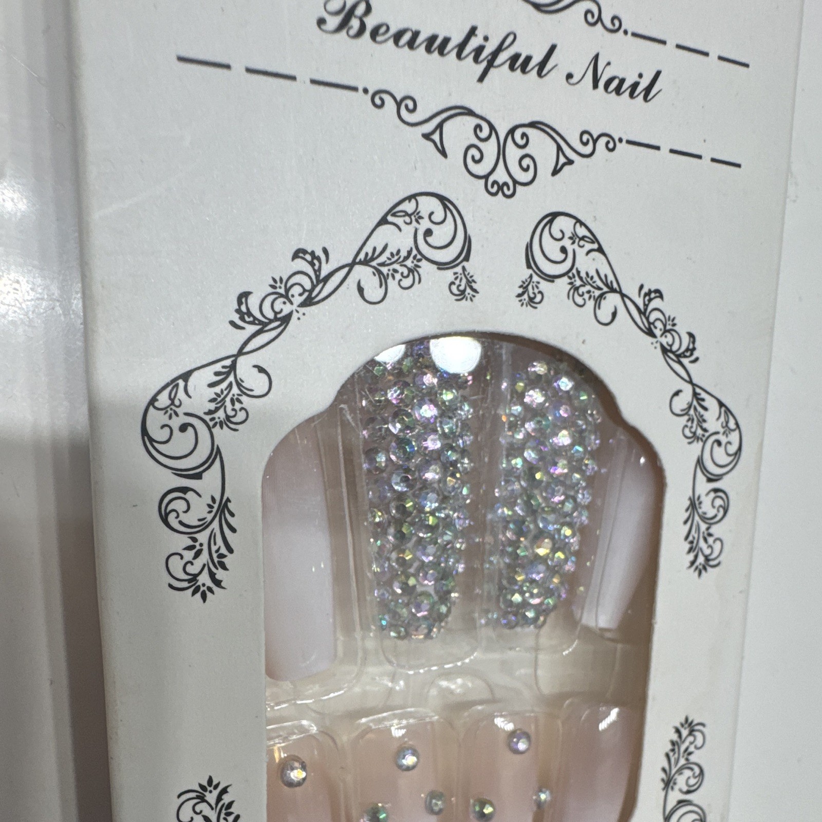 LE FAN Press-On Nails Pink/Silver Glitter Rhinestone Coffin Long, Glue Included