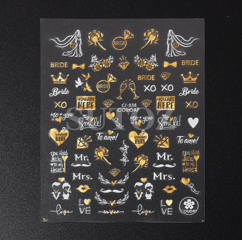 3D Nail Art Sticker Gold White Heart Rose Flower Kiss Lace Valentine Bridal NH11