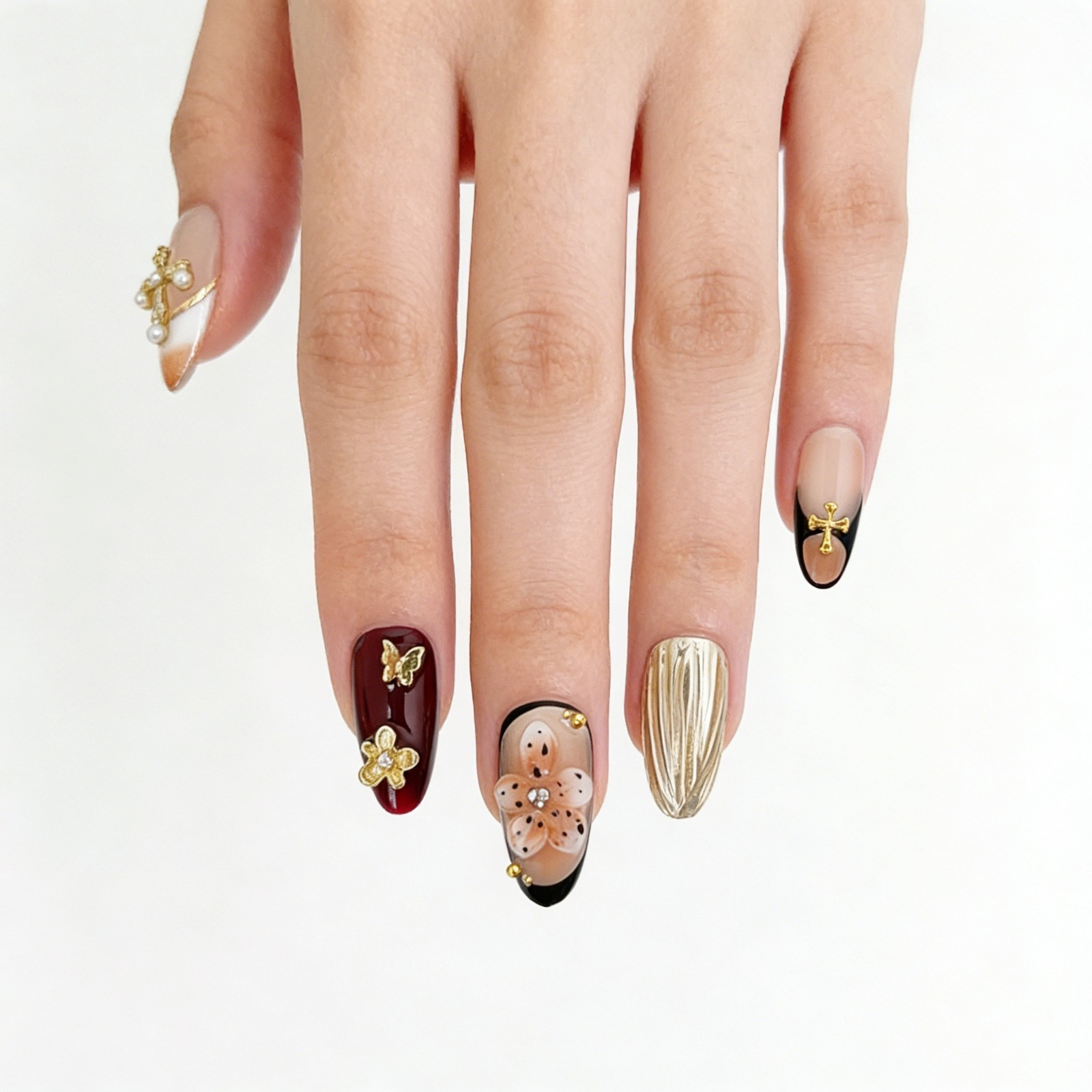 Sweet Gothic Rococo Press-On Nails with Pearl Cross & Metallic Accents Almond