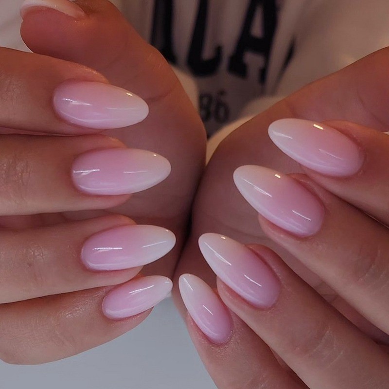 48Pcs-Baby Pink Ombre Press on Nails Medium Almond Nail Gloss Gradient Finish