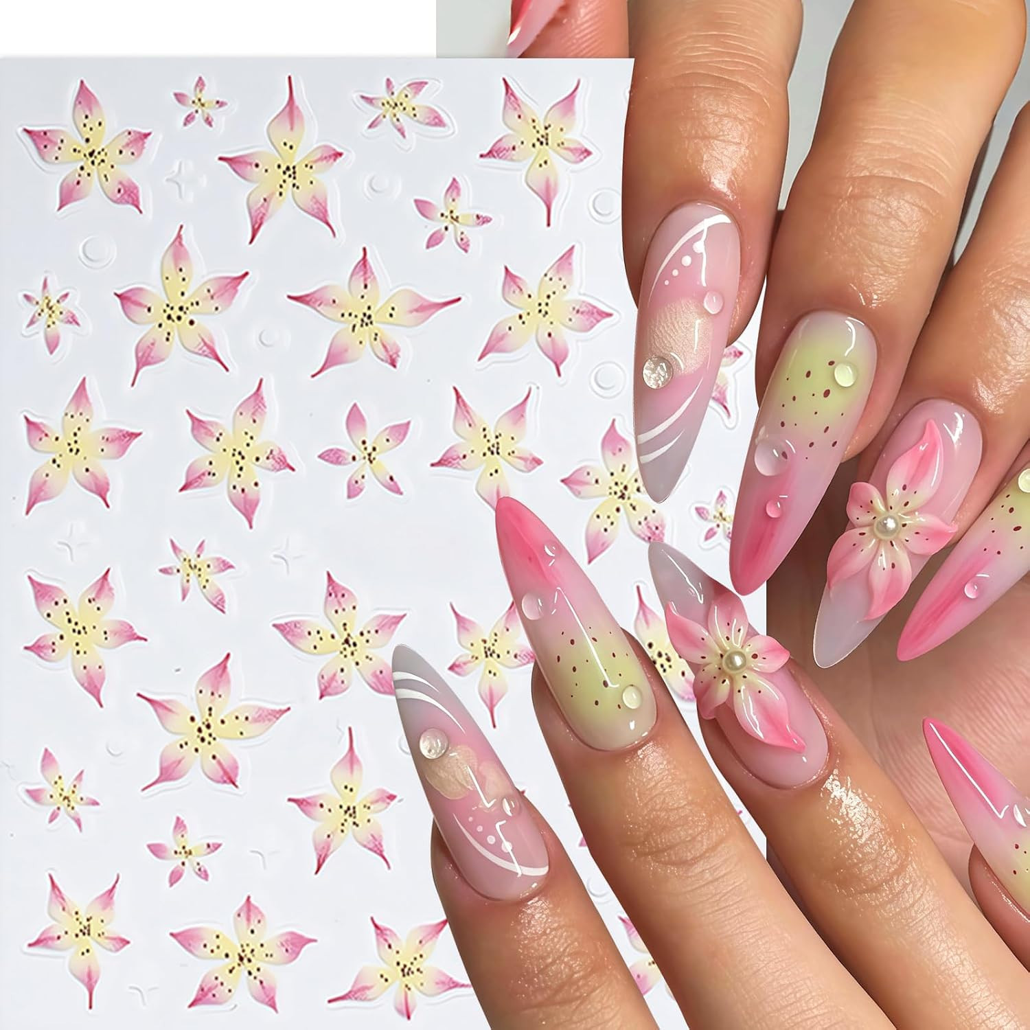 6 Pcs Flower Nail Art Stickers Decals 5D Lily Flower Embossed Nail Decals Purple