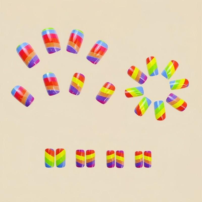 24 Pcs Rainbow Press On Nail Stripes False Nail Medium Square Acrylic Nail