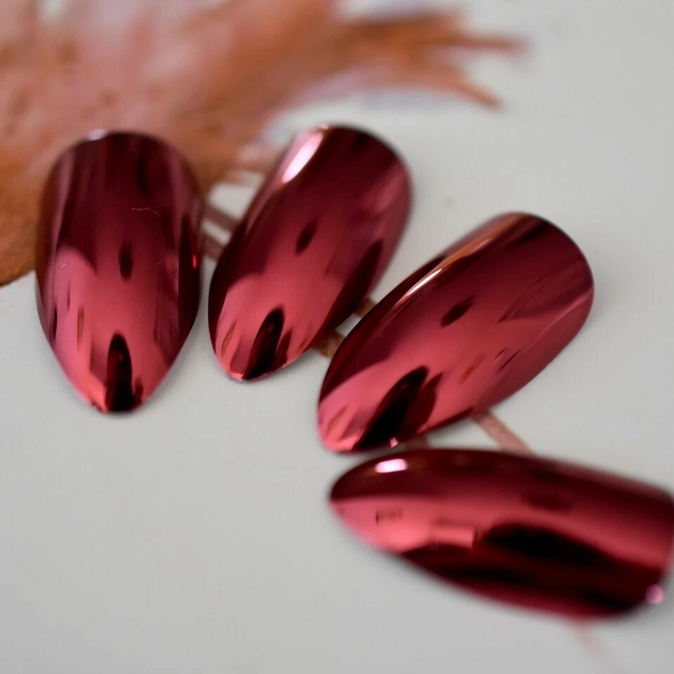 24 RED CHROME Press On Nails Metallic shiny Glue On Kit medium almond stiletto