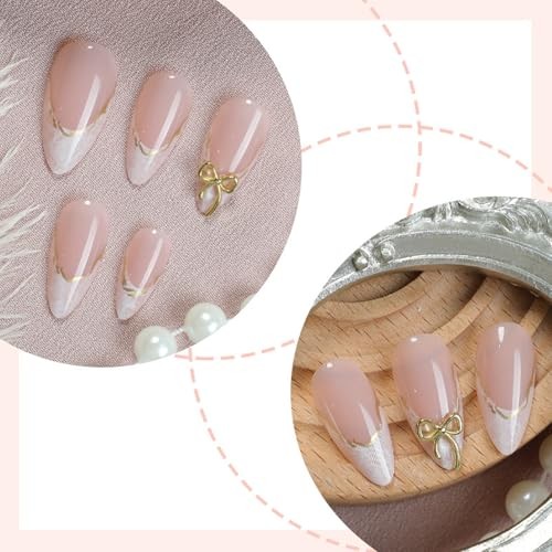 Almond Medium Artificial Acrylic Fingernails – 3D French Tip Press
