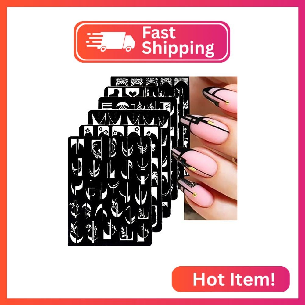 6Pcs Nail Art Stamping Templates Set with French Line Flowers Leaves Smiley Hear