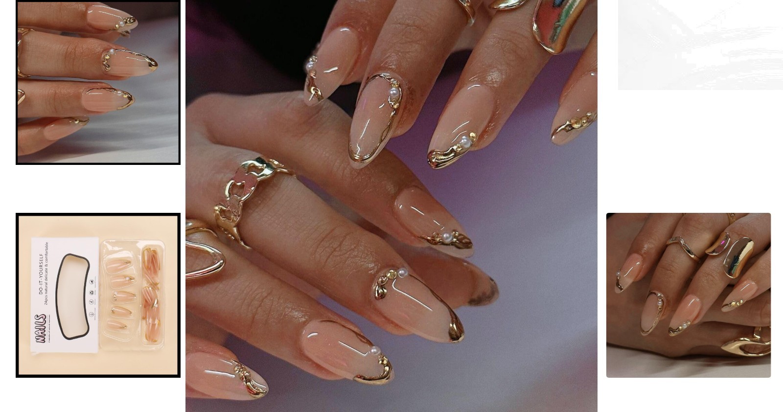 Fashionable 24 Pcs Gold Line French Tip Almond Nails – Easy Application
