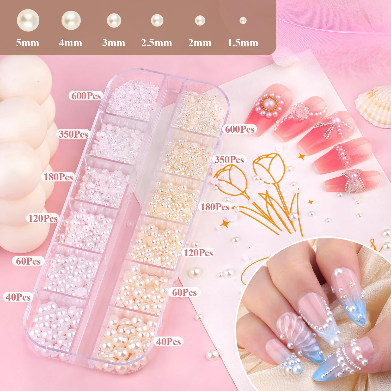 7500PCS Nail Charms Kit Gold Silver Rhinestones Pearls Nail Art Set Tools