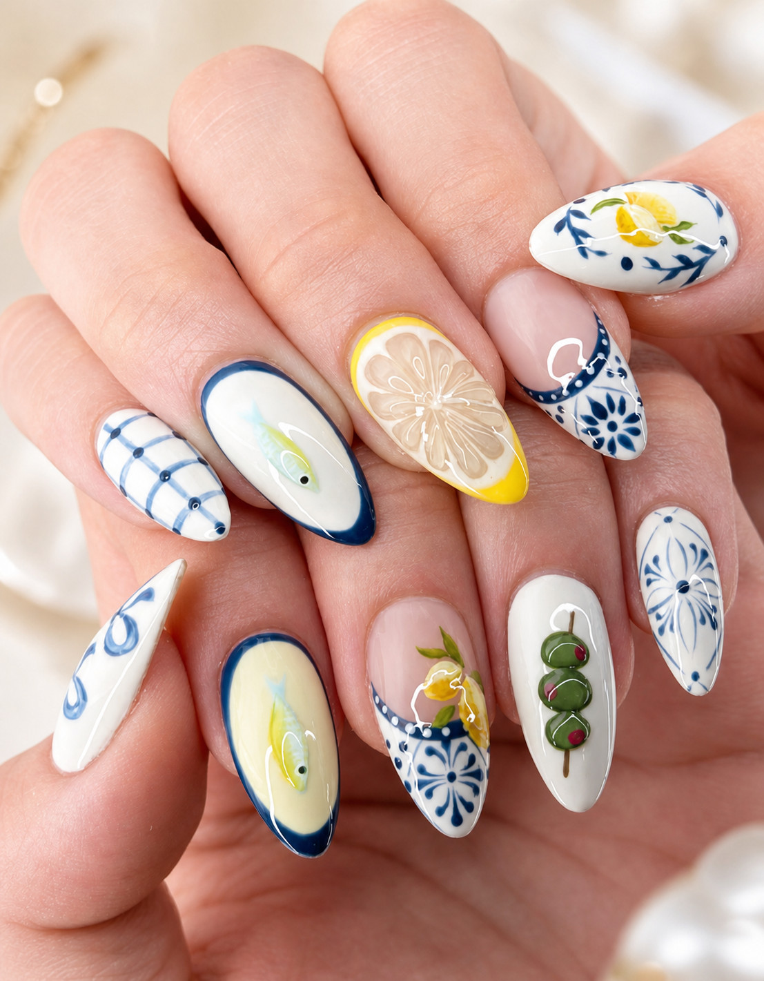 24pcs/Set Medium Almond Shaped 3D Gel Nail | Mediterranean Summer Style