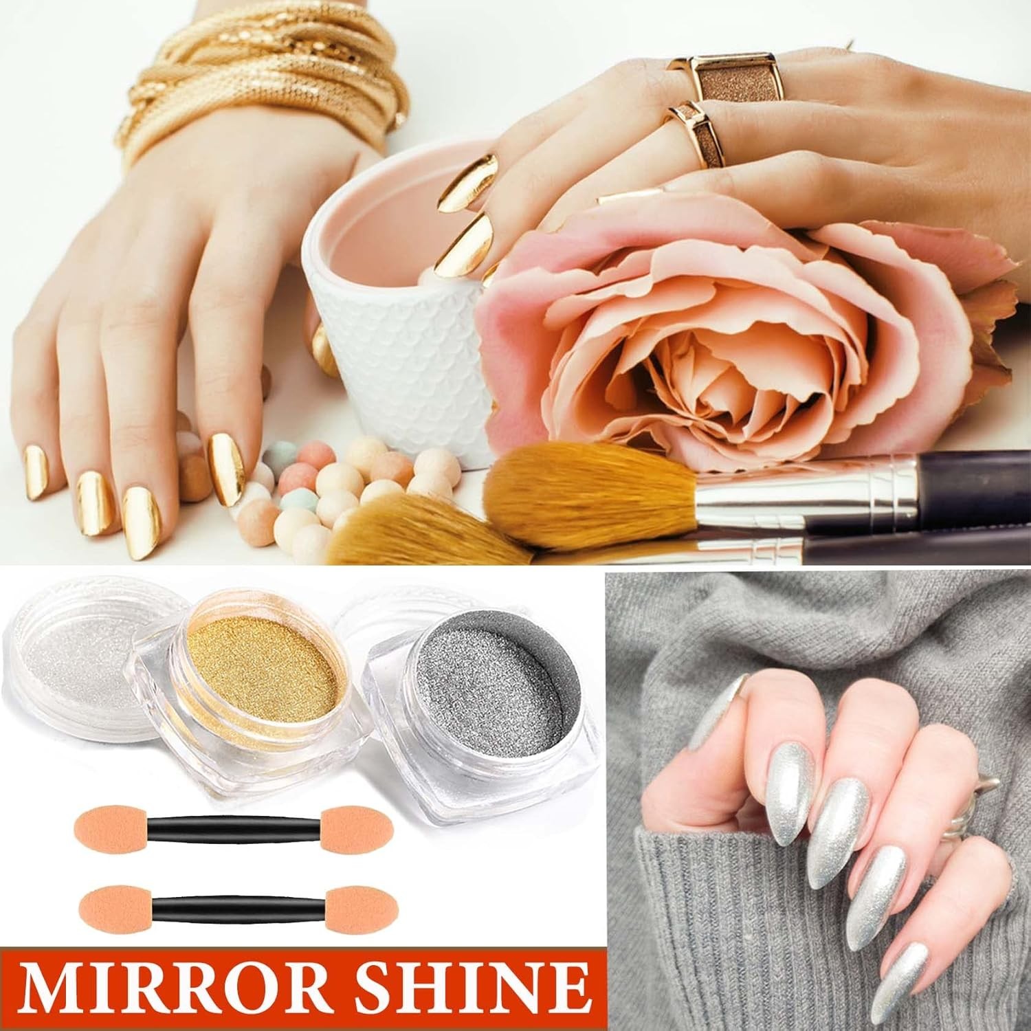 2Pcs Gold Silver Chrome Nail Powder,Holographic Highly Pigmented A