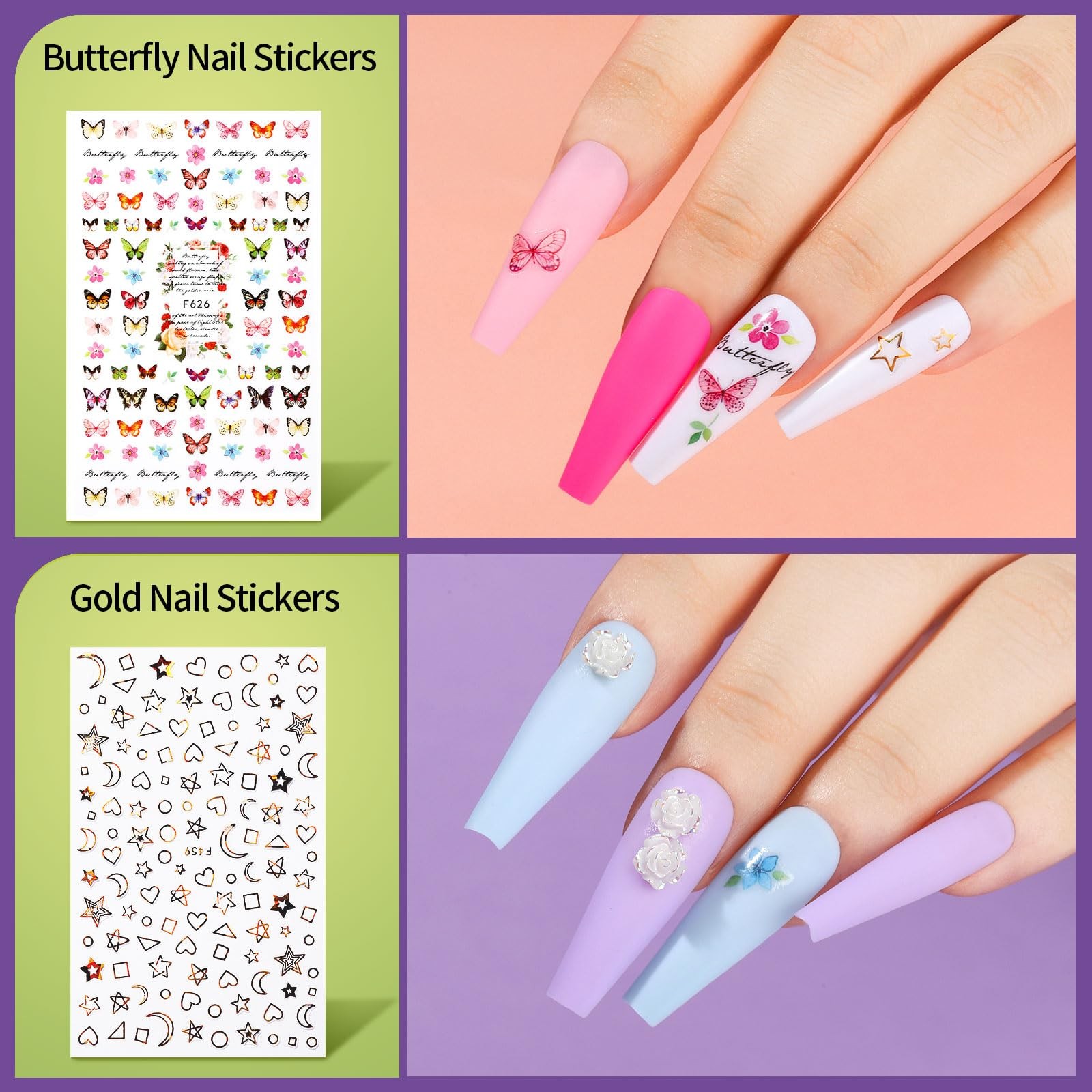 Long Fake Nails Kit – 10 Colors Matte & Glossy, 4 Glitter Press On Nails