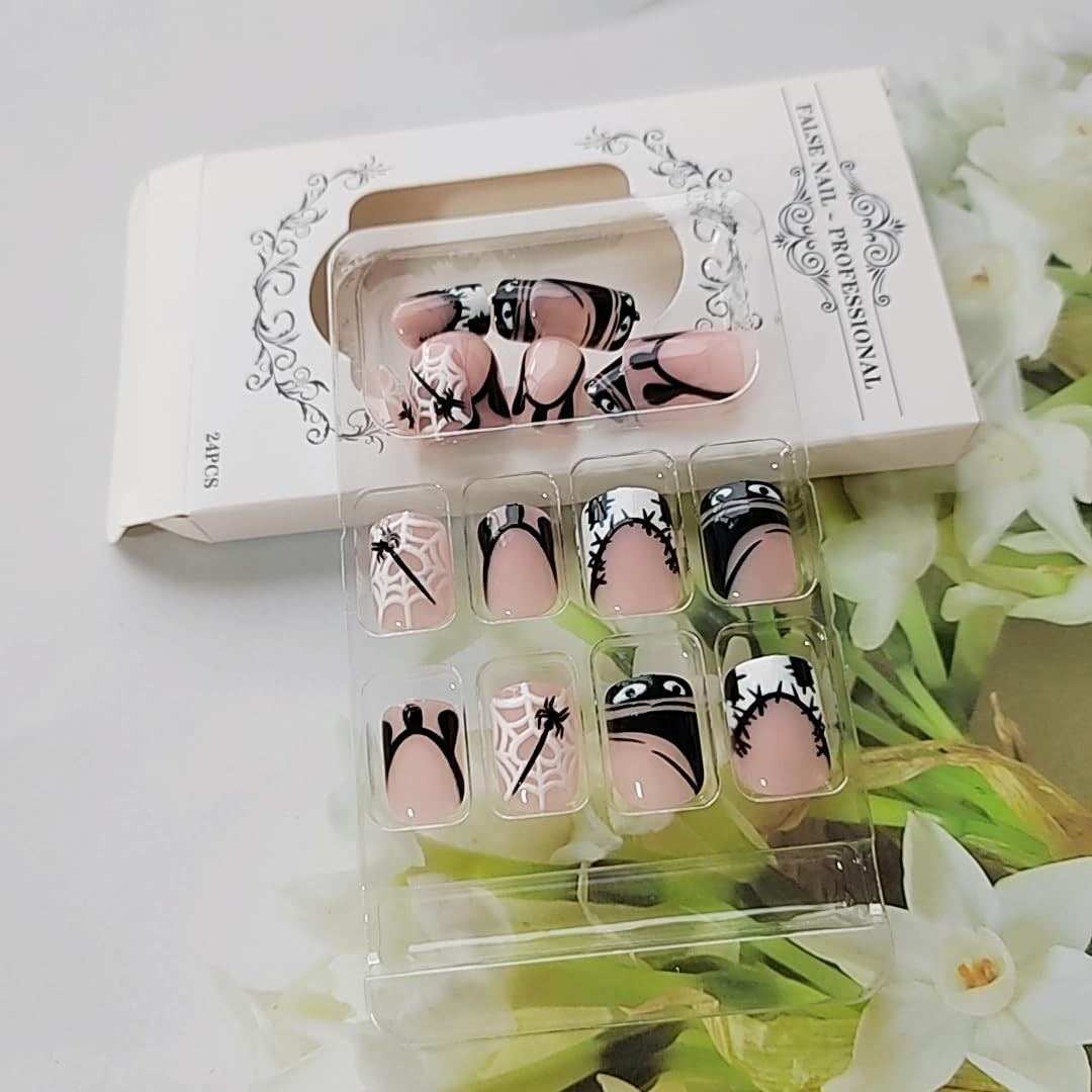 24Pcs Halloween Press on Nails Short Square Black Eye French Fake Nails Cute …