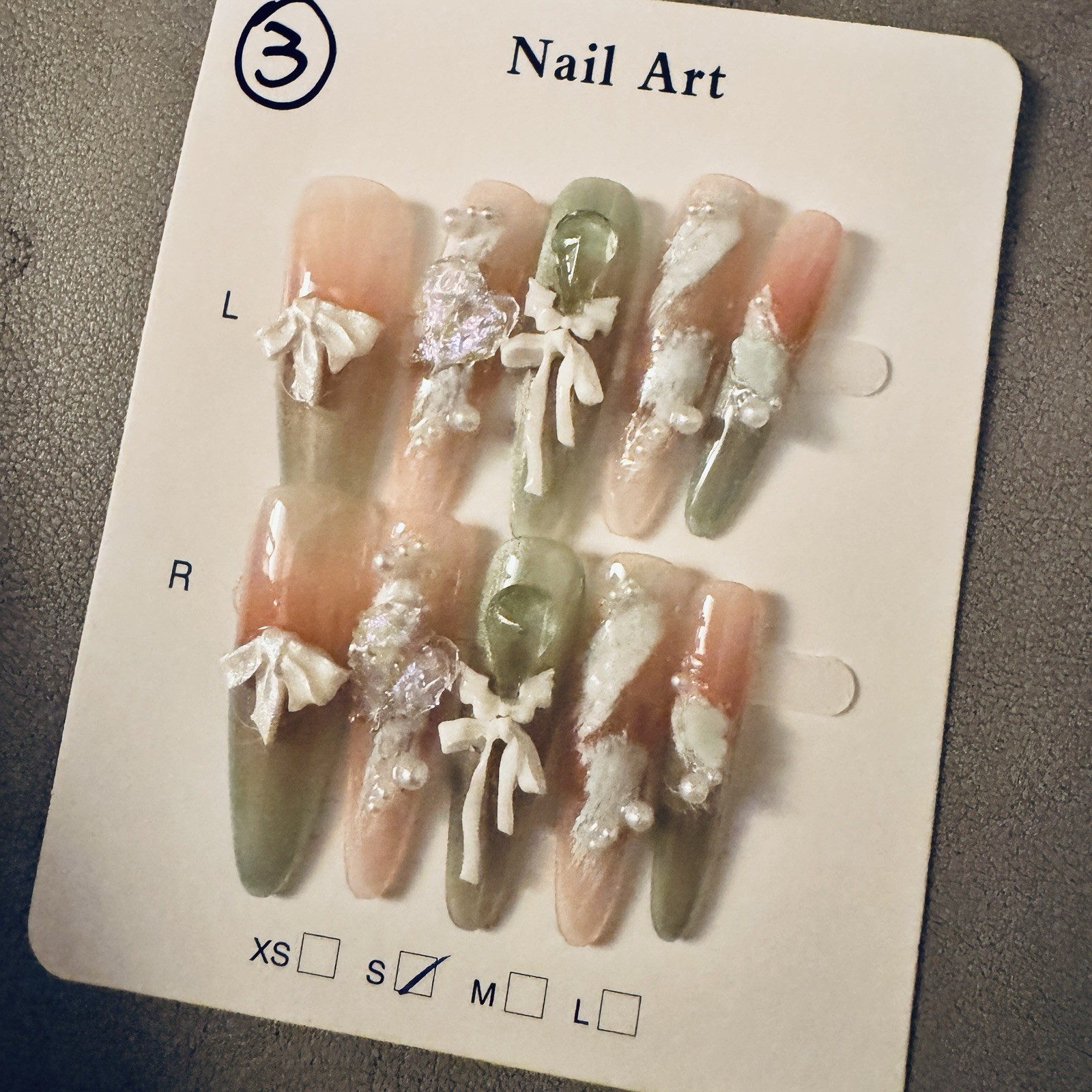 Press-On Nails Long Stiletto Green/Pink/White 3D Bow Theme Full Cover Set