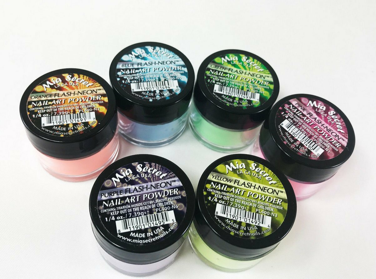 New Mia Secret Monomer 4 Ounce + FLASH NEON Nail Art Powder 6 Colors Collection