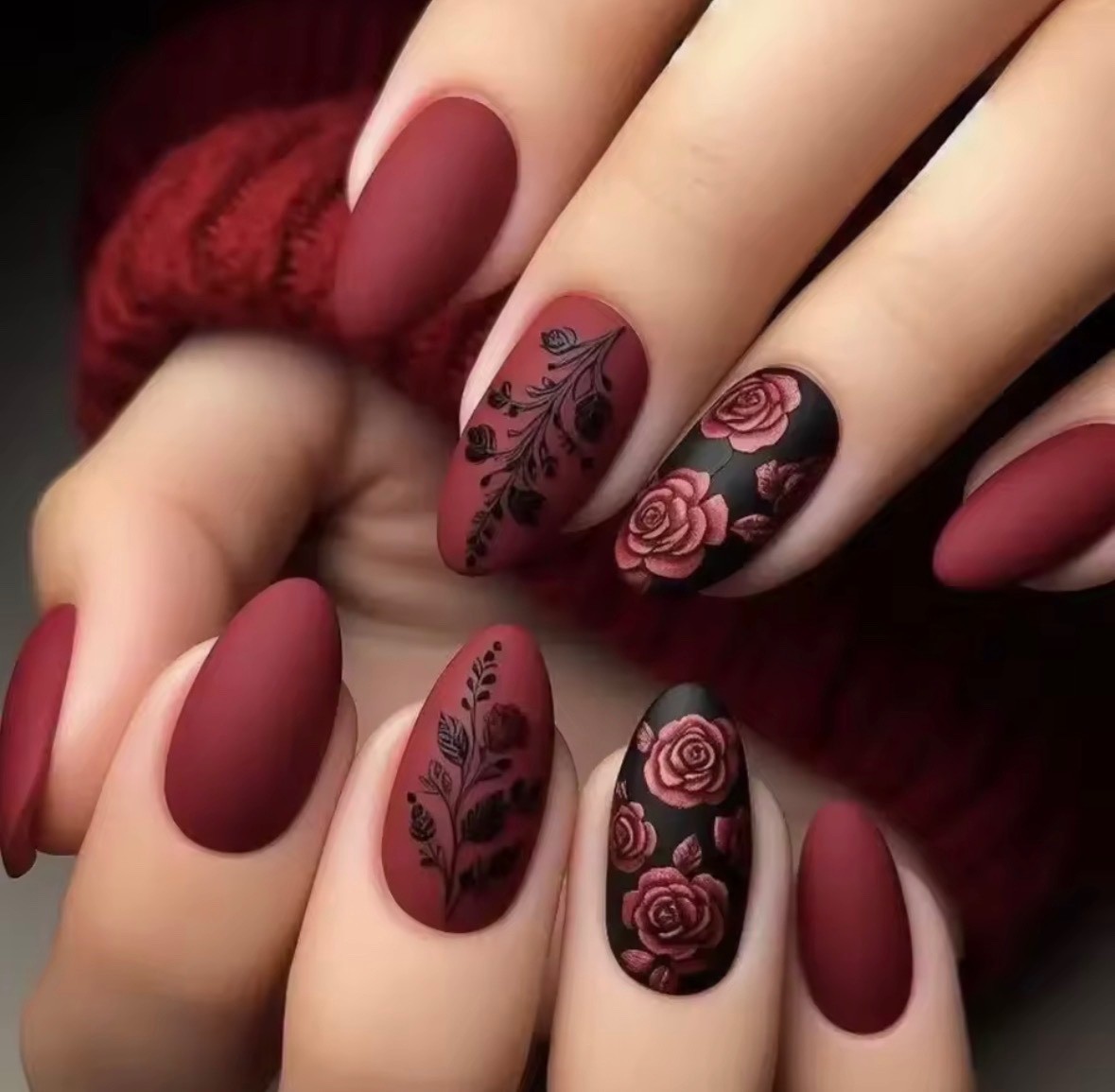 24PCS Matte Almond Press On Nails Burgundy Rose Leaf Full Cover Nails