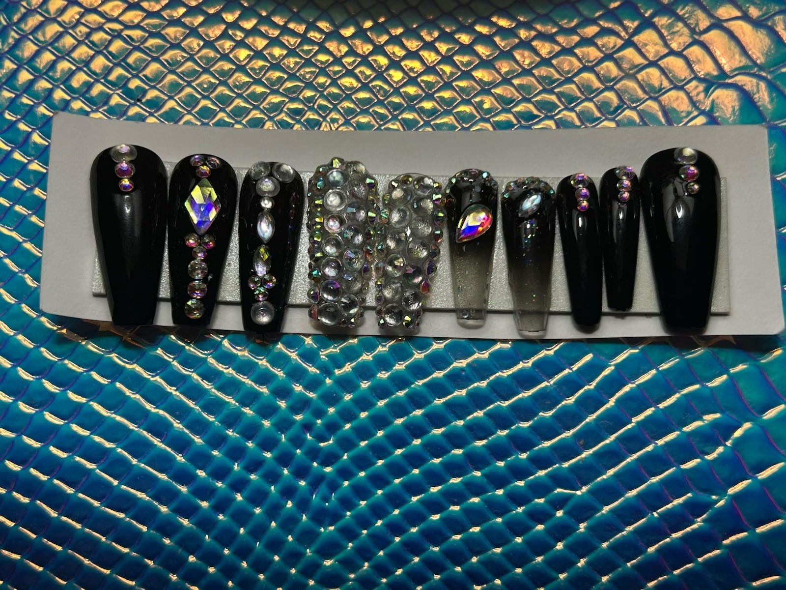 Halloween 🎃Black Handmade Black With Diamonds Press On Nails Long Coffin ✨🖤