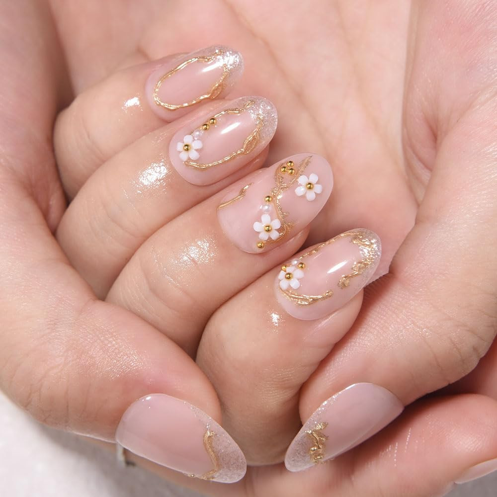French Gold Pearl White Flower Press on Nails, Short round Acrylic Fake Nails De