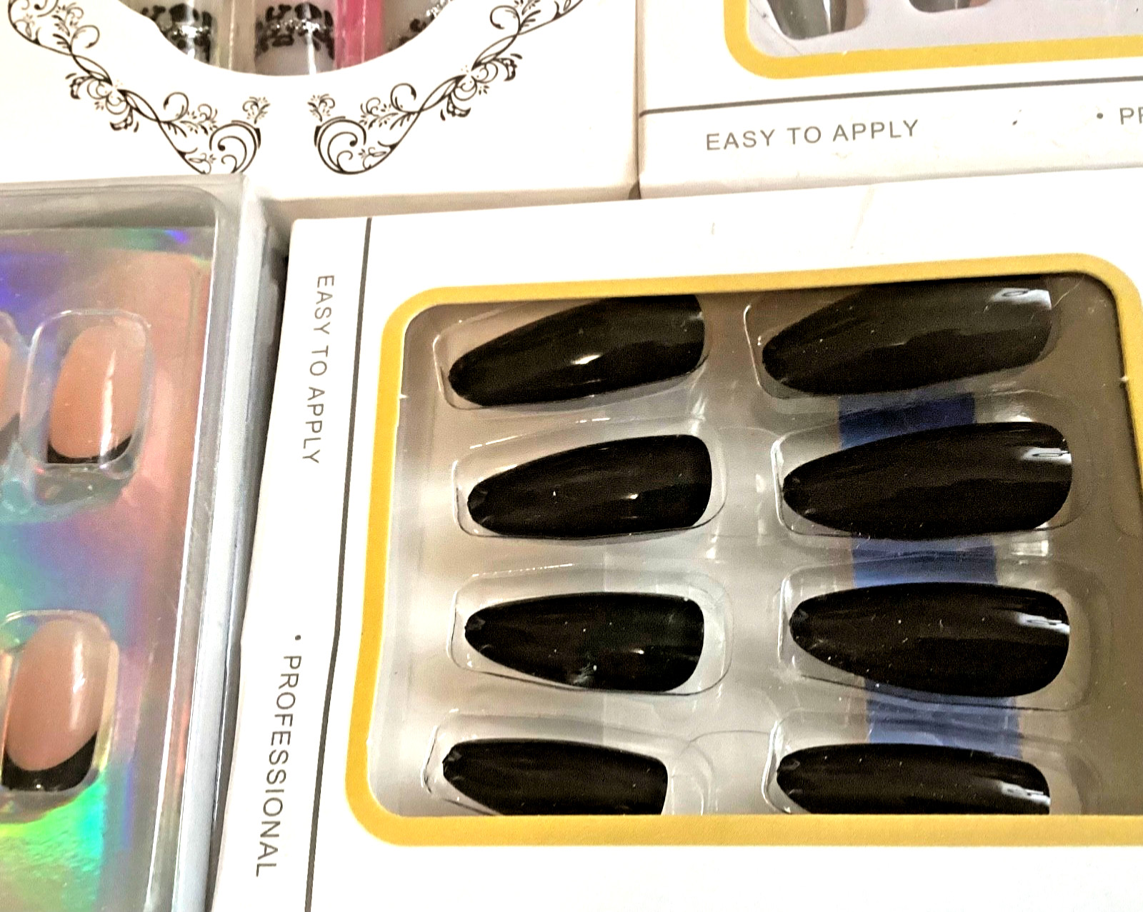 5 Nails Kits – GOTHIC Black Rhinestone Lace, Silver GLITTER French, WEDNESDAY +
